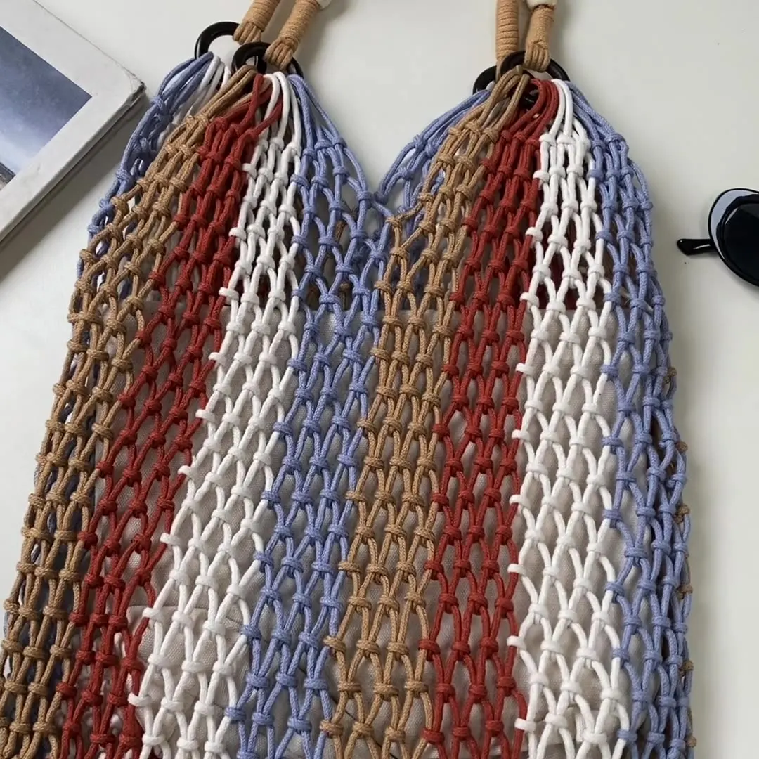 Rope Woven Women Handbags Tricô Tassel Tote Handmade Sacos de Praia para As Mulheres Round Handle Shopper Purses Female Oco Clutch