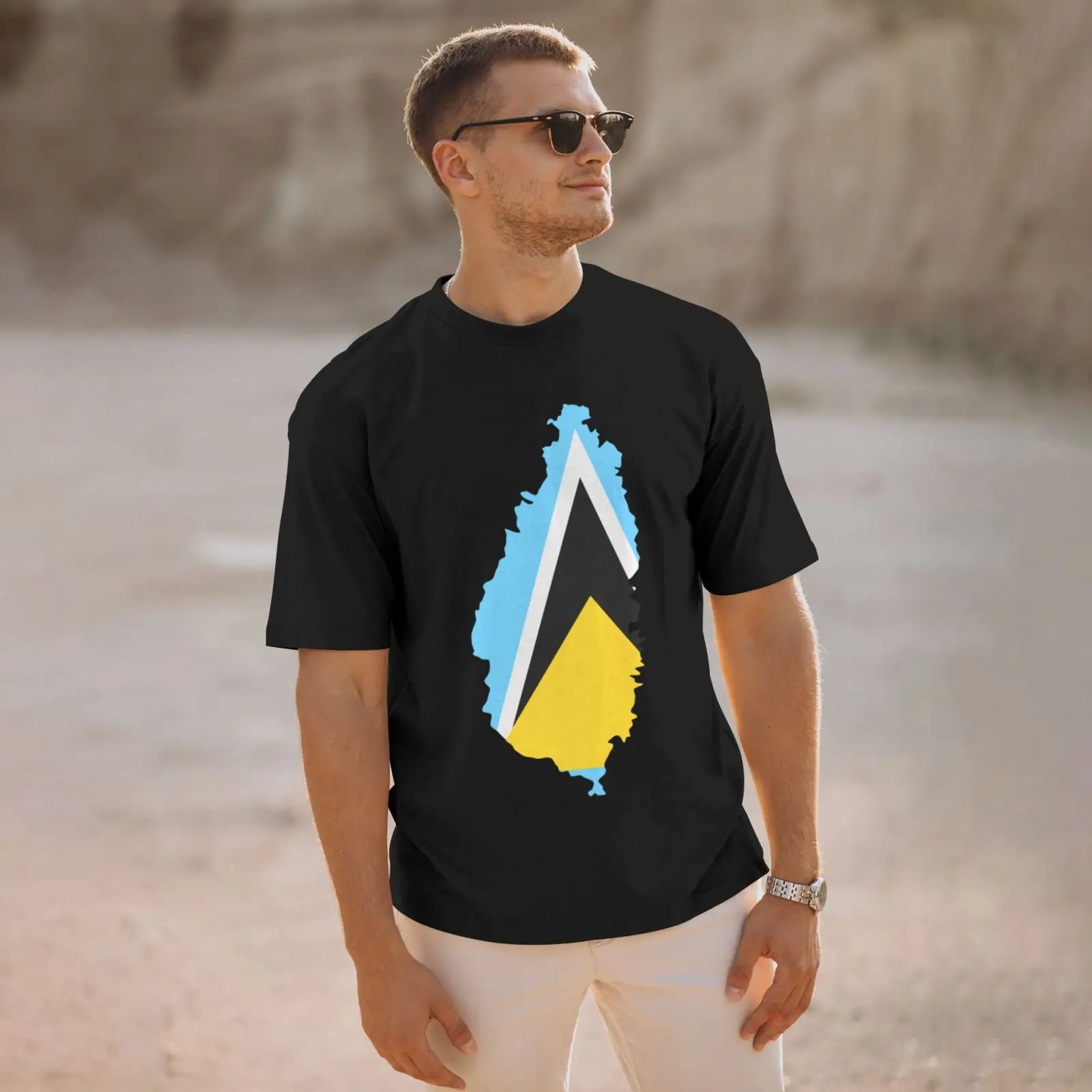 خريطة العلم لسانت لوسيا الكلاسيكية تي شيرت فستان قمصان للرجال هدية مخصصة تنفس القطن في الهواء الطلق بسيط خمر بلايز عادية المحملة