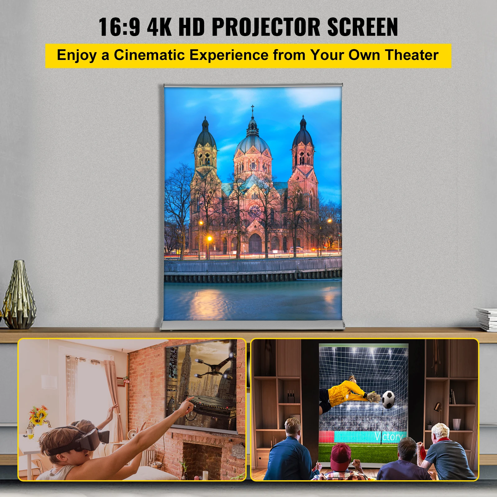 VEVOR 70 Inch Roll-Up Projector Screen Floor Standing 16:9 8K/4K HD Portable Home Cinema Moive for Indoor and Outdoor Projection