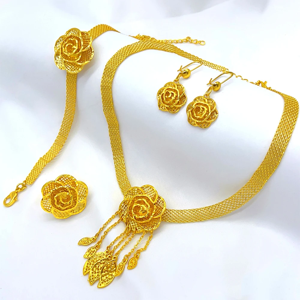 4 pcs Dubai bride golden flowers set of women's party jewelry luxury Non-fading wedding necklace earrings bracelet ring set image 6