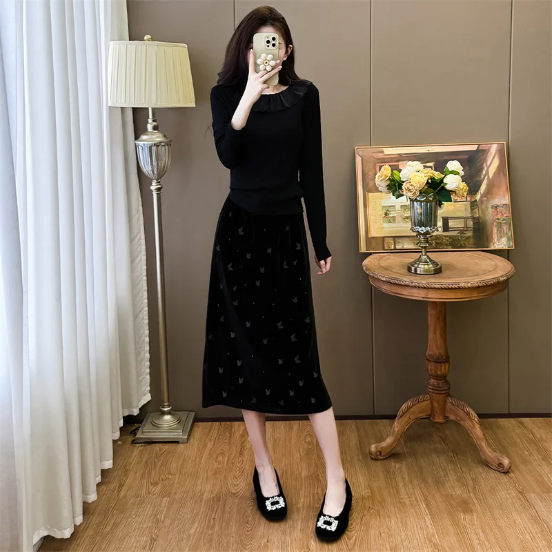 YZJNH 2026 Autumn/Winter Half Skirt Set Women's Korean Velvet Half Skirt+Lotus Leaf Collar Bottom Small Shirt Top