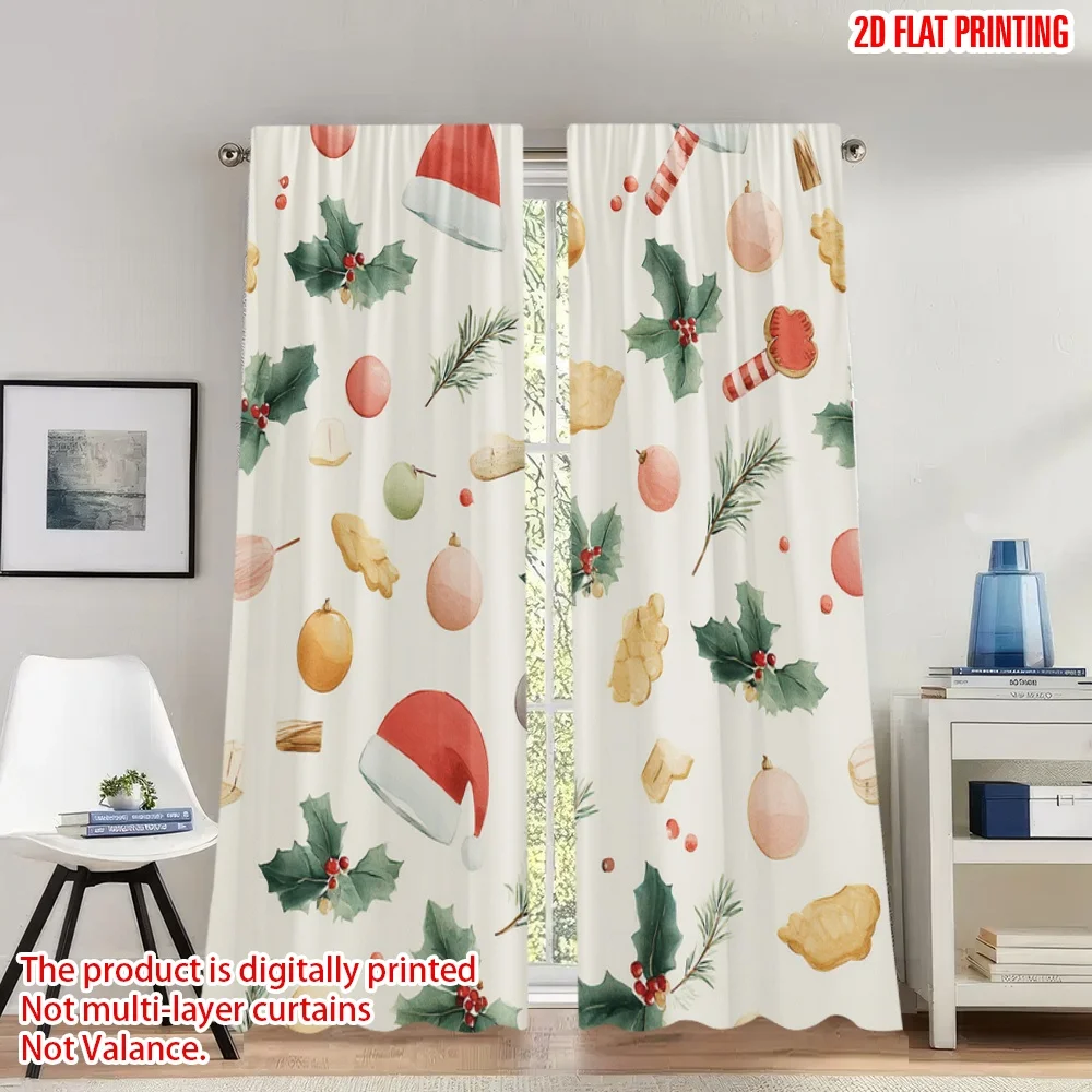 

2pcs 2D flat printing Christmas Curtains Christmas Holly Mitten Digital Printed Polyester Drapes Party Decorations Use for