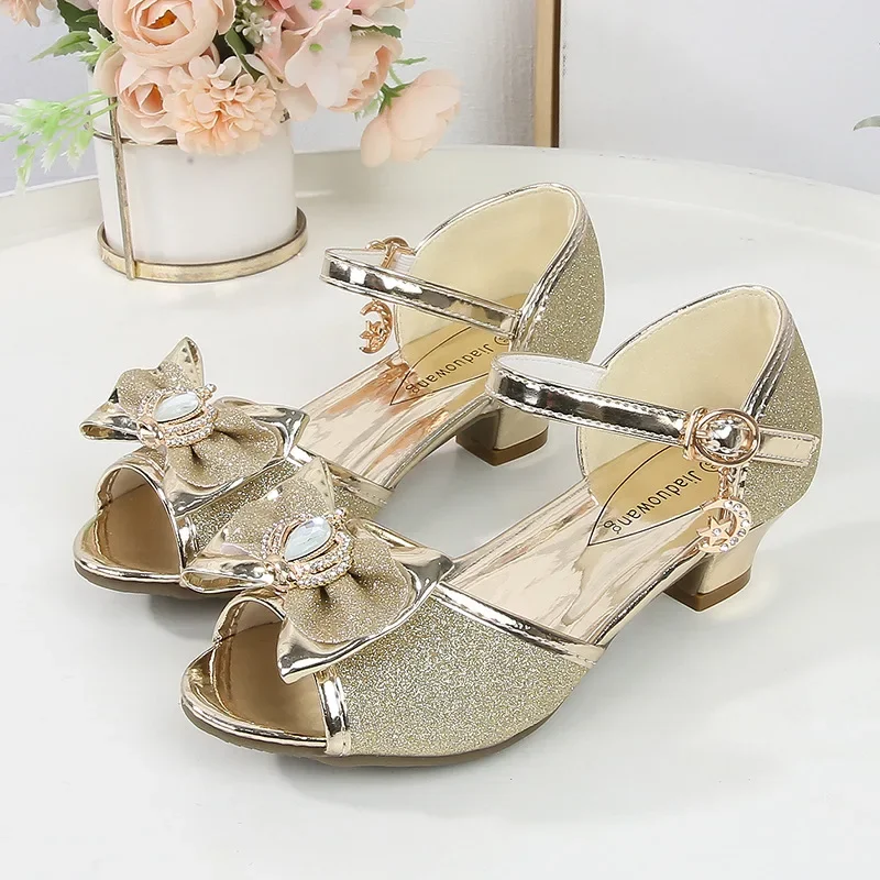 New Girl's High Heel Shoes for Kids Party Wedding Fashion Princess Causal Dress Shoes Sequins Versatile Children's Crown Sandals