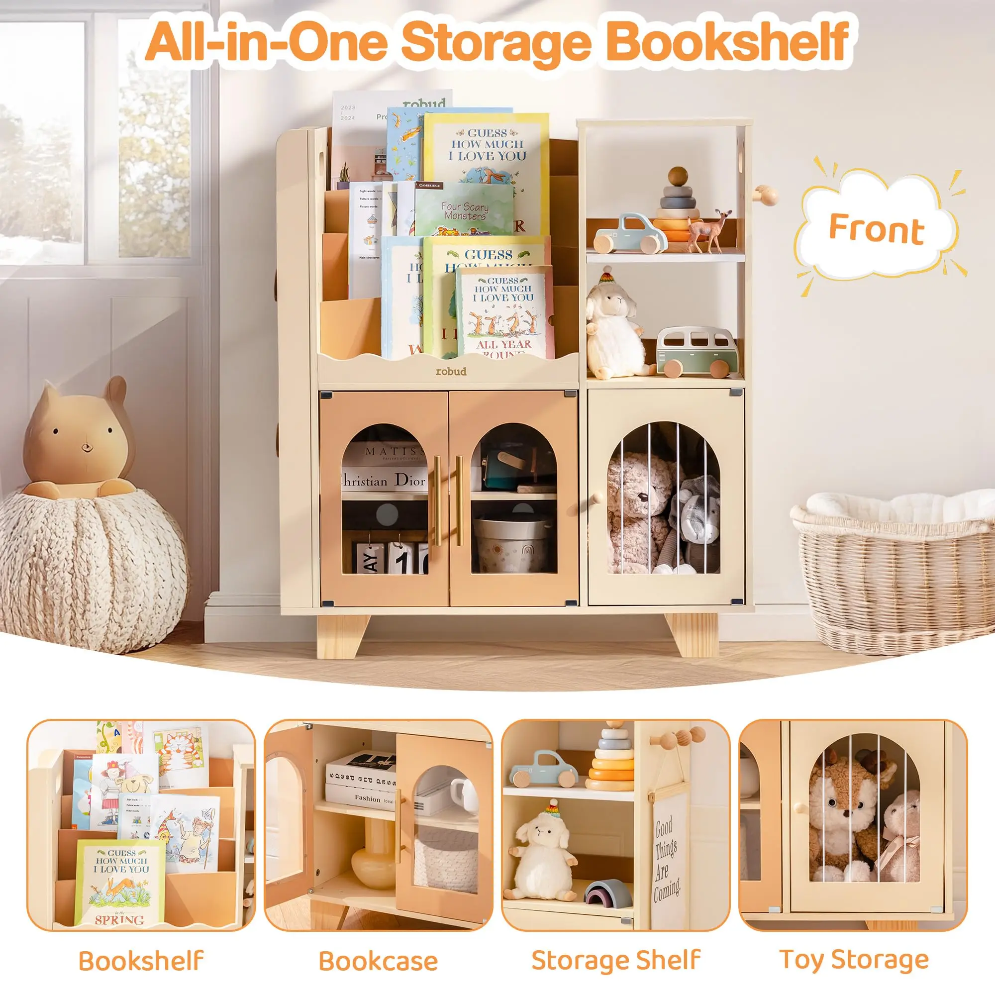 ROBOTIME ROBUD Houten boekenplank voor kinderen met opbergruimte Montessori-boekenplank Kinderboekenkast Speelgoedopslag Boekenplank voor peuters