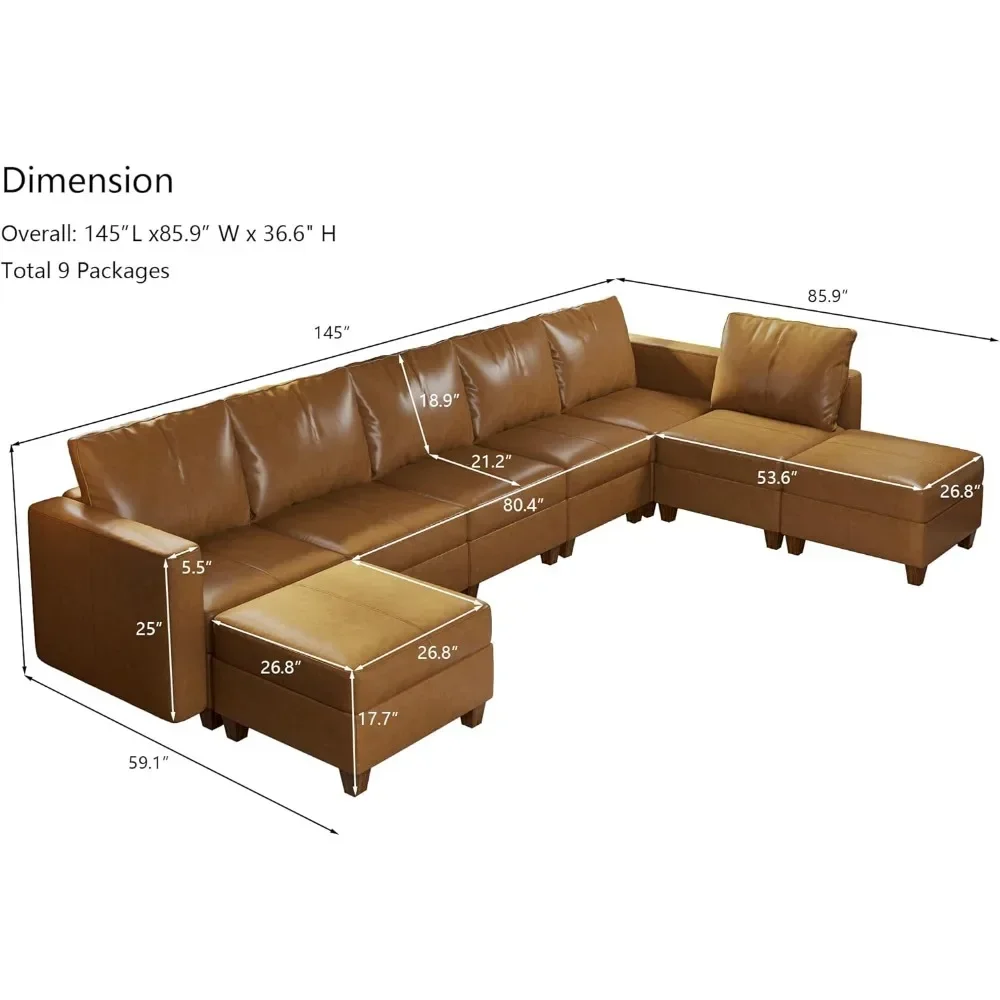 Sofas Faux Leather Sectional Modular with Storage Ottoman 8 Seat U Shaped couch Brown Convertible Sleeper Sectional Sofa