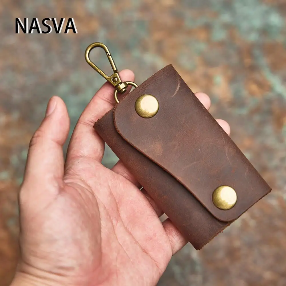 NASVA Genuine Leather Retro Key Bag Cowhide Waist Hanging Keychain Large Capacity Car Key Bag