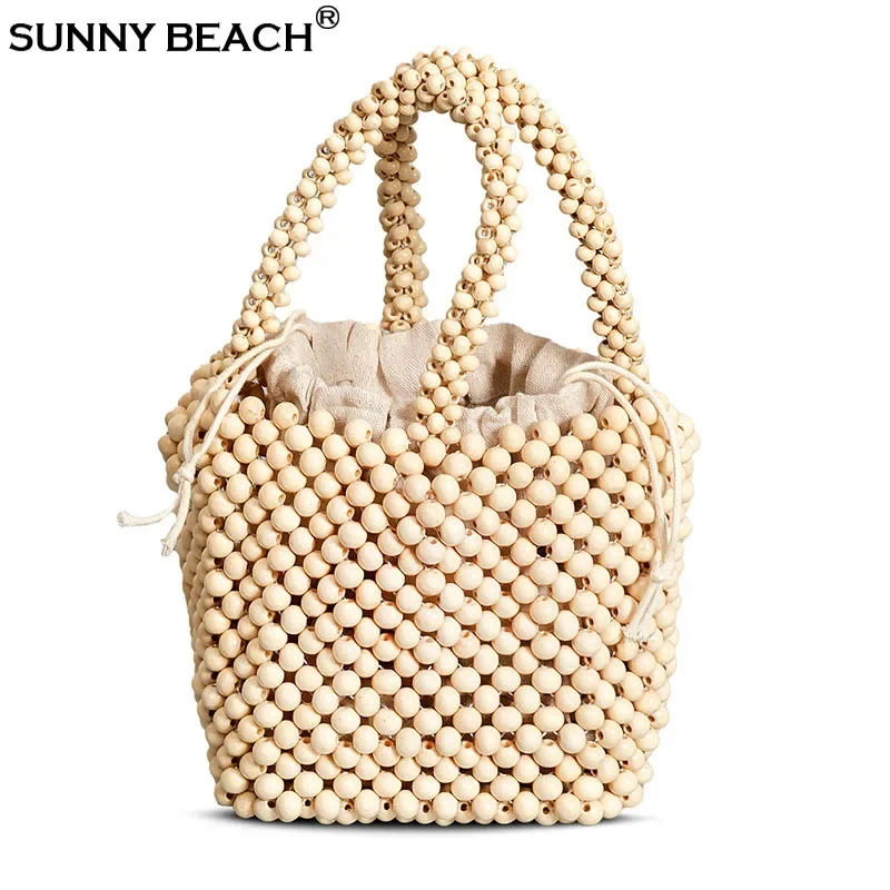

Vintage Women Japanese Fashion Wood Beads Bucket Luxury Tote Beige Wooden Beaded Ladies Designer Handbag