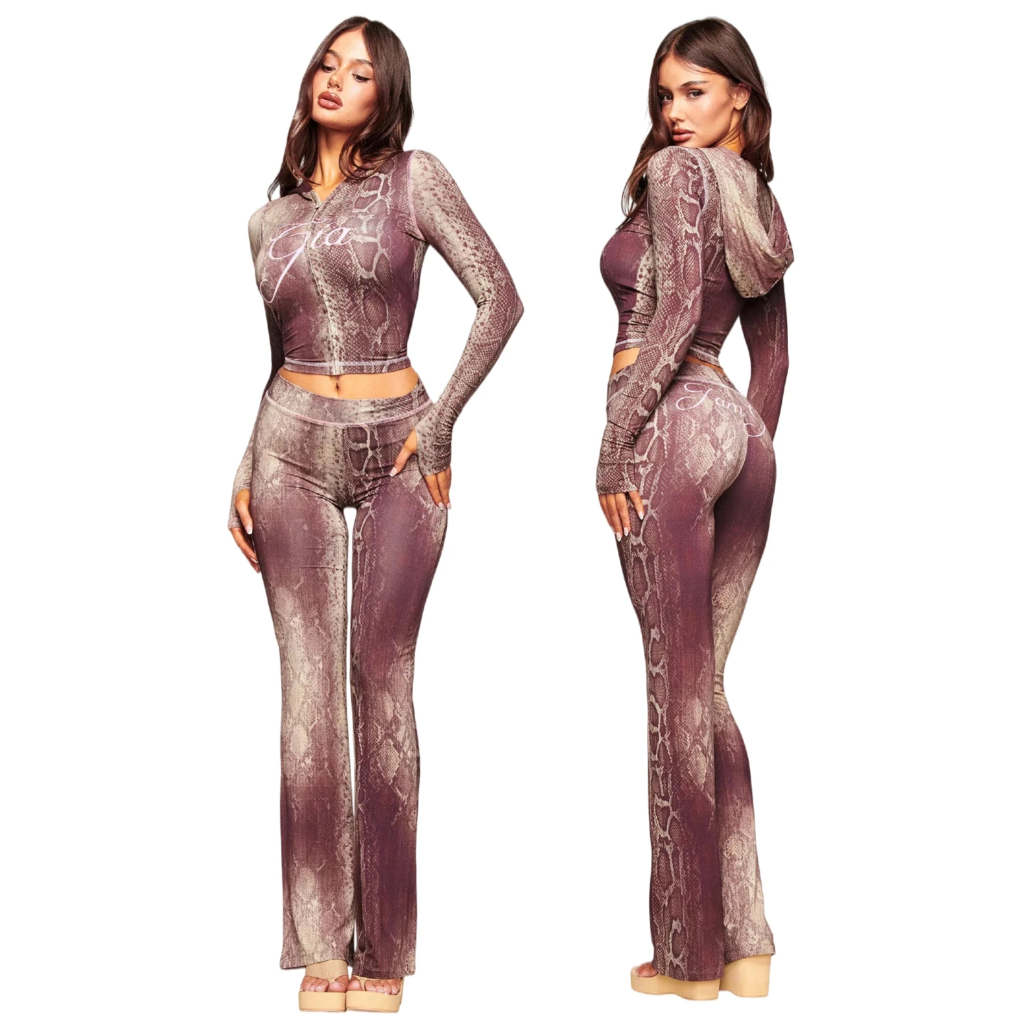 Gia brown regular shoulder slim-fit letter print topstitching design slim-fit hooded zip-up short jacket and pants set