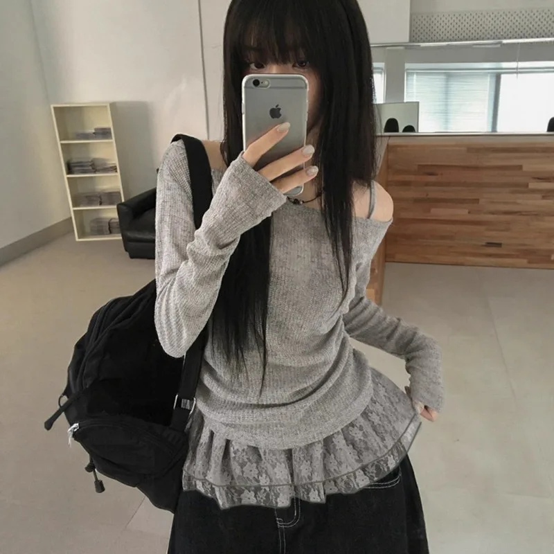 2025, Spice Girl, leicht transparent, schräger Ausschnitt, dünn, schulterfrei, Strickkittel, Sommerurlaub, Zwei-Spitzen-Top mit geraffter Taille