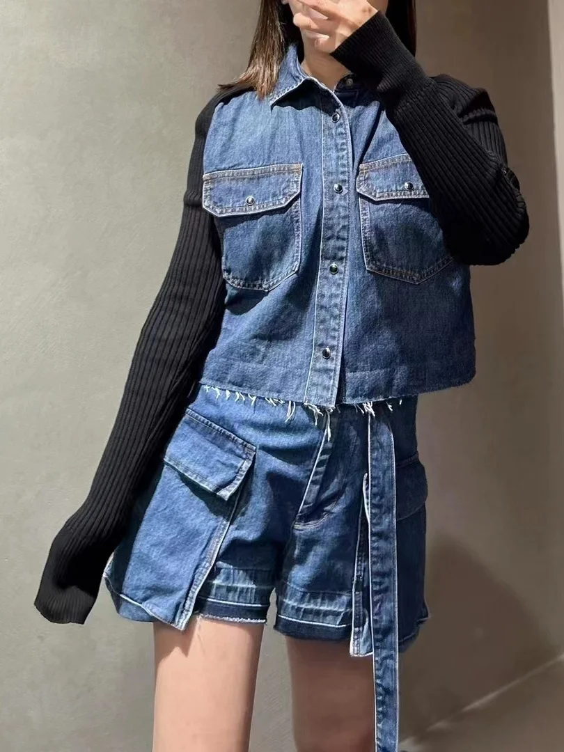 FOG SACAI Casual Denim orts Spring Summer 2024 New Sle Double Sided Large ket Belt Versatile orts High Waist Straigh...