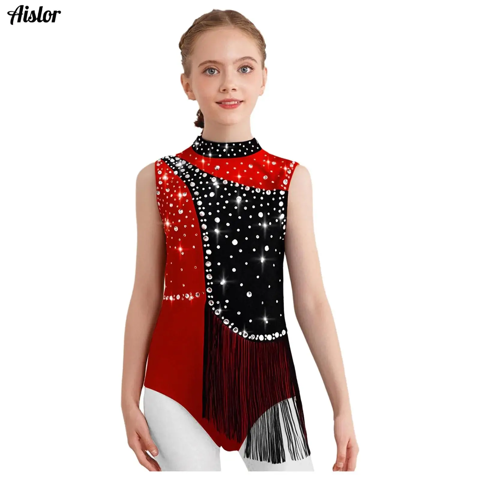 

Kids Girls Acrobatic Gymnastics Dance Leotard Sleeveless Shiny Rhinestone Tassels Bodysuit Figure Skating Ballet Latin Dancewear