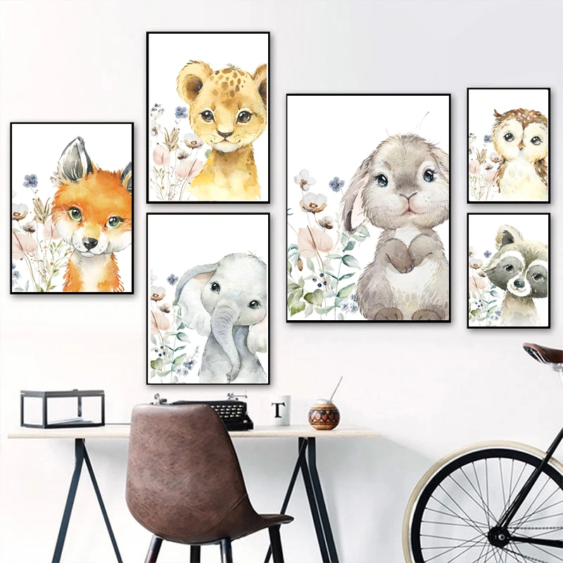 

Lion Elephant Raccoon Deer Rabbit Flower Wall Art Canvas Painting Nordic Posters And Prints Wall Pictures Baby Kids Room Decor