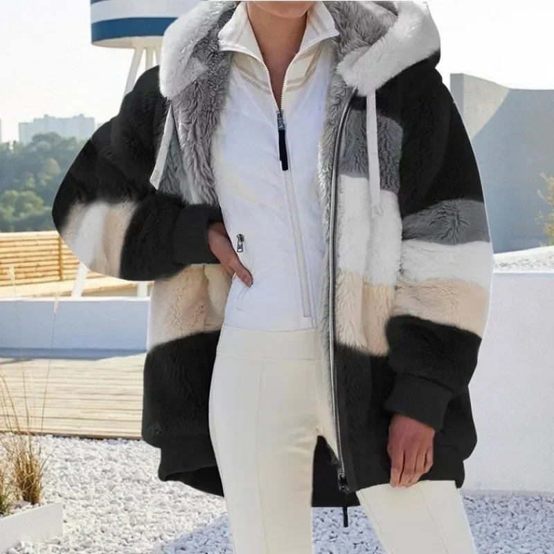 Autumn Winter Warm Plush Patch Designs Zipper Pocket Hooded Drawstring Loose Coat Long Sleeves Jacket Color Block Women Clothing