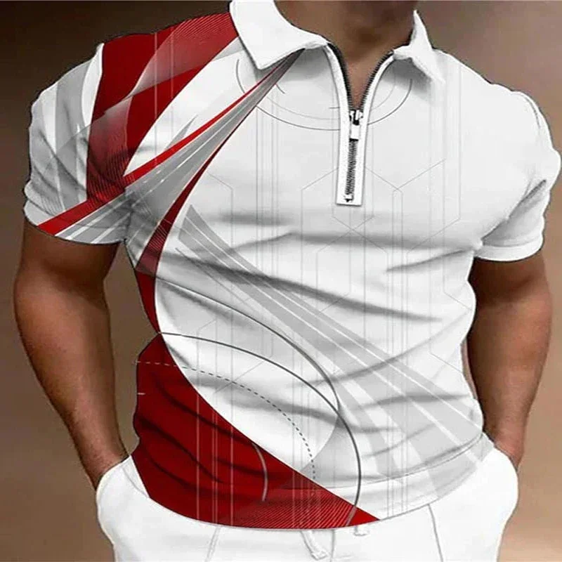 Line Simple Printing Polo Zipper Shirt for Men Hawaiian 3D Print Polo Short Sleeve Summer Shirt