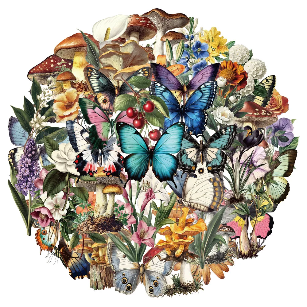50PCS Creative Retro Mushroom Plant Butterfly Stickers Phone Case Decoration DIY Phone Case Notebook Water Cup Stickers