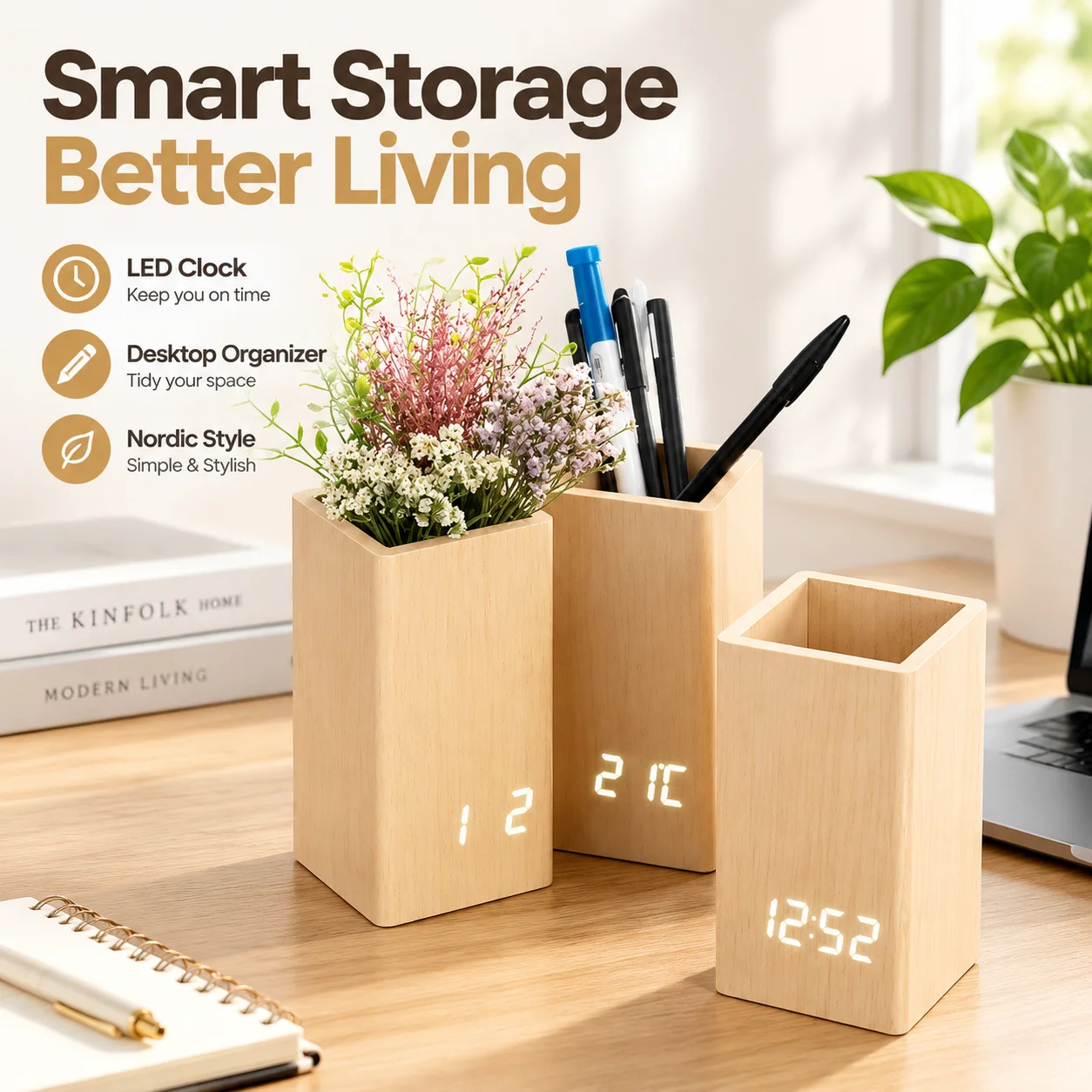 LED Digital Alarm Clock Wooden Pen Holder Desktop Organizer Box Nordic Style Multi-use Stationery Storage Tidy Office Decor