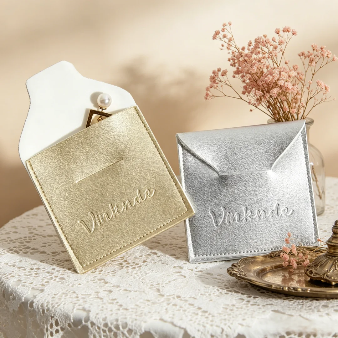 

100pc Leather Envelope Gift Bag Personalized Logo Print Jewelry Pouch Packaging Small Ring Earrings Necklace Brooch Package