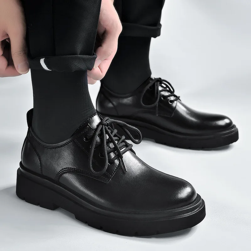 Mens British Style Leather Casual Shoes Round Toe Business Formal Dress Work Shoes Comfortable Classic Office Wear Autumn Winter