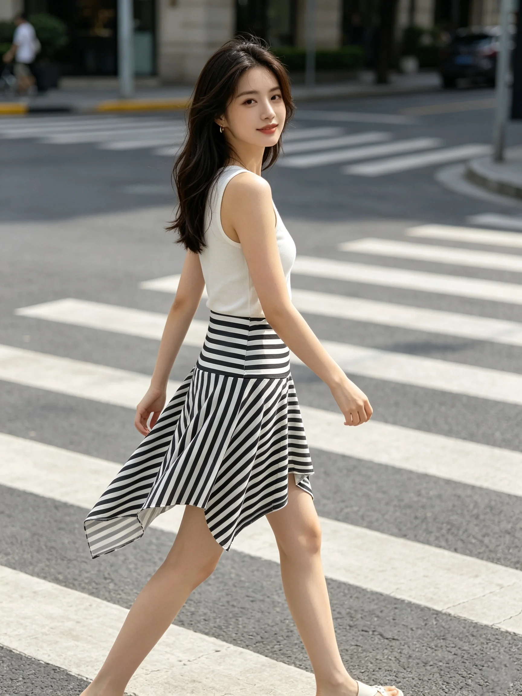 American retro black and white contrasting striped spicy girl niche irregular hem slimming versatile short skirt