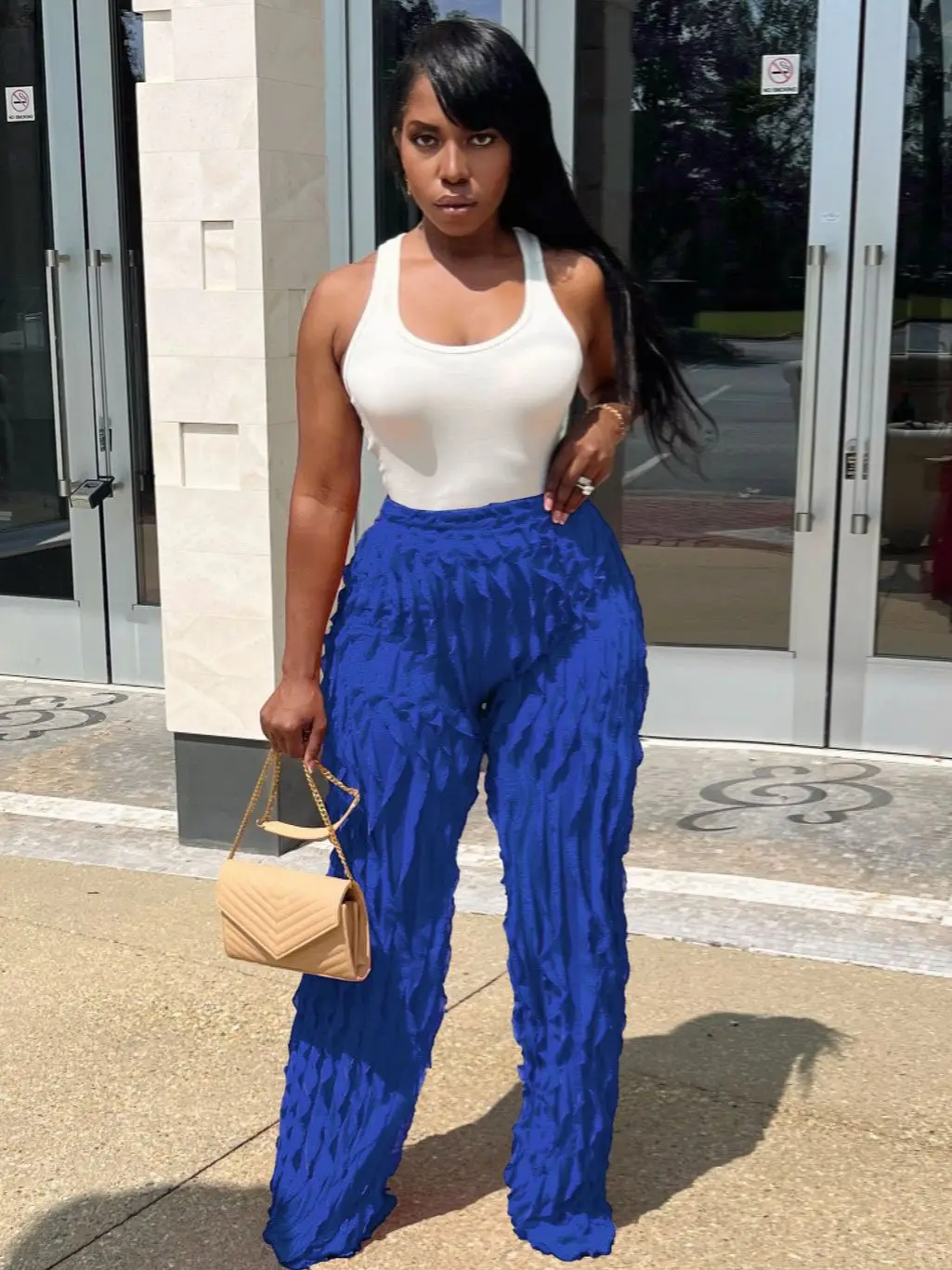 QFAF Women Wave Ruffles Splicing Wide Leg Pants 2023 Fashion Autumn streetwear see though Trousers