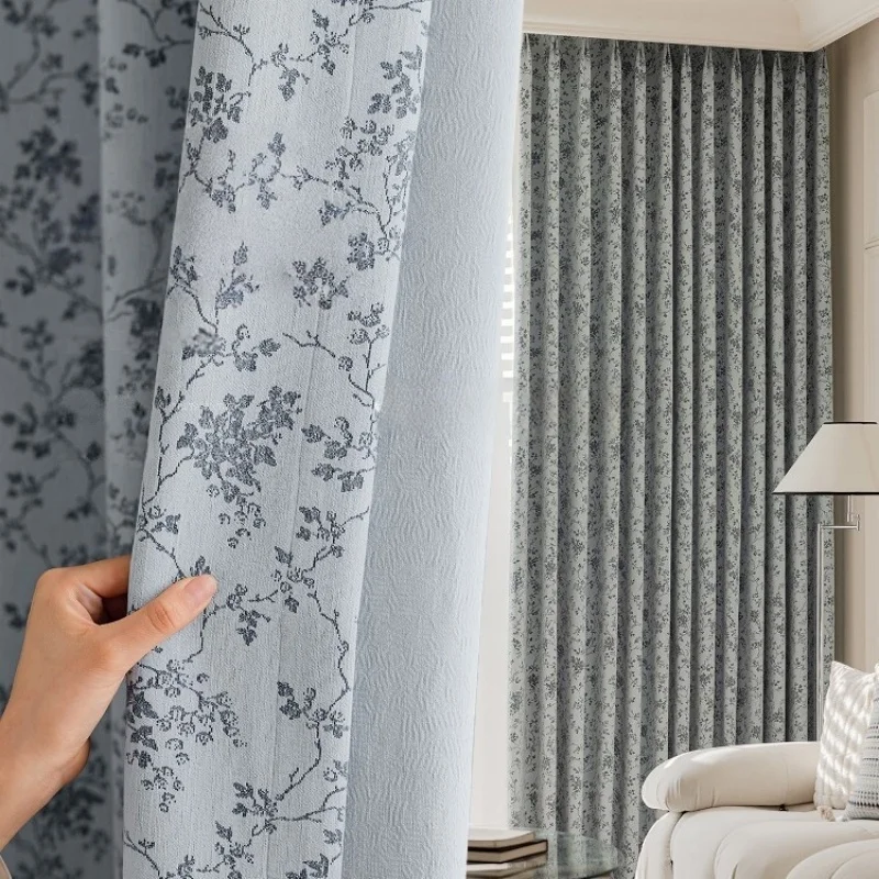 1PC French Style Hemlock Twin-Sided Chenille Curtain, Provence Floral Print, Good Light Blocking and Insulation, Suitable for Be