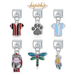 Hapiship New Colour Girls Feather T-shirt Dragonfly CZ Charm Italian Links Fit 9mm Bracelet Stainless Steel Jewelry Making DJ500