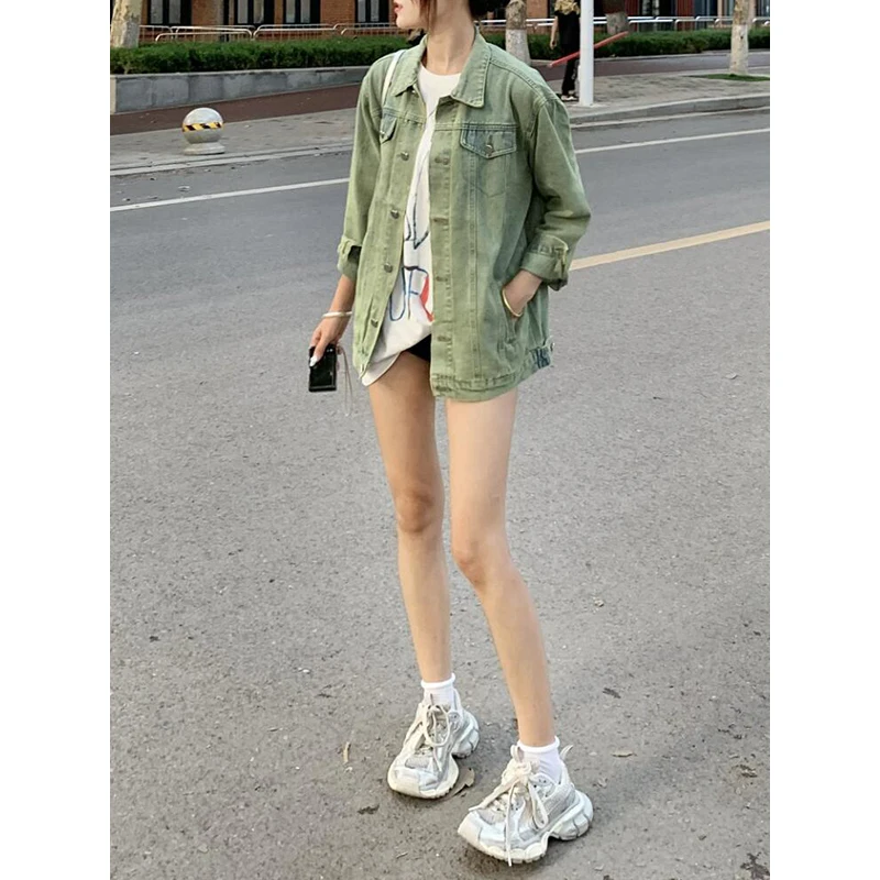 

PBAP Solid Splice Pockets Wash Denim Jacket Women Casual Loose Single-breasted Lapel Oversize Shirt Vintage Fall Winter Clothes