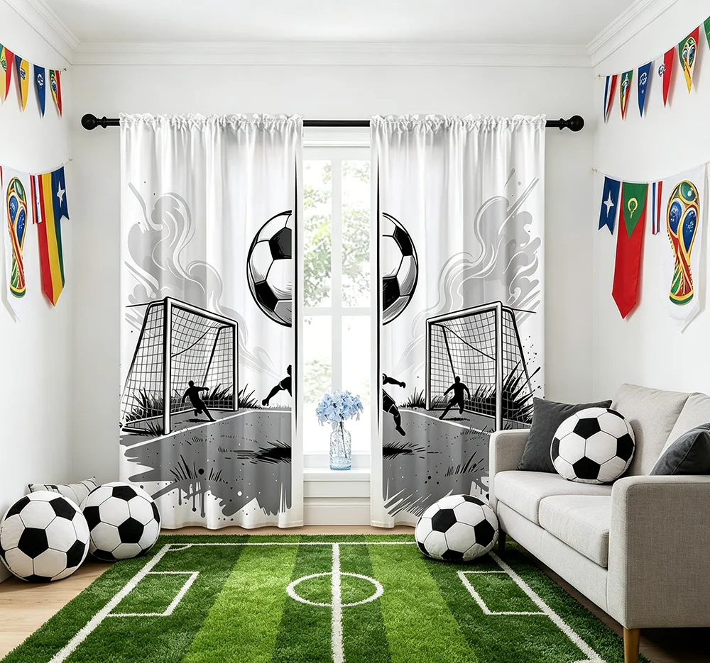 2 Stück Digital Bedruckte Vorhänge, Schwarz-Weiß Fußballtor Sportlich, Gardinen mit Schlaufen für Wohnzimmer Schlafzimmer Dekoration