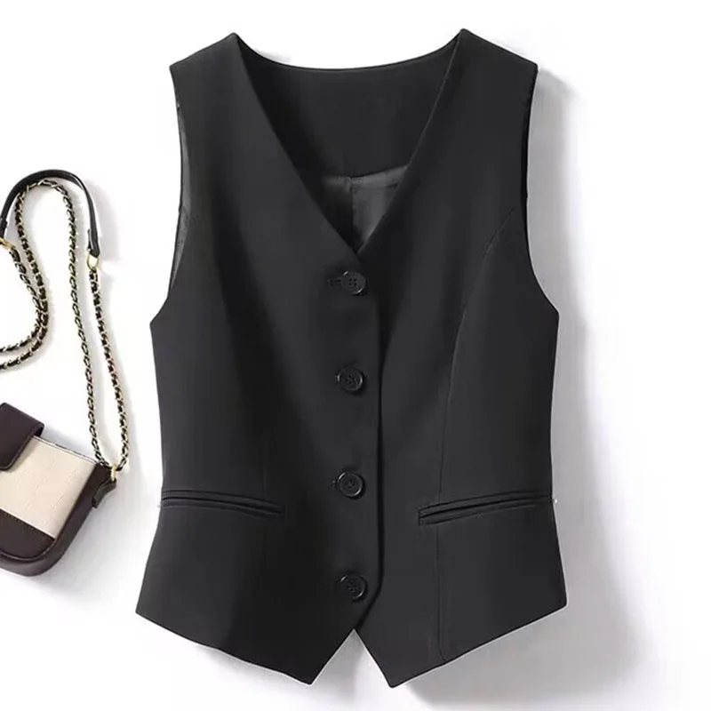 

New Vintage Suit Waistcoat Elegant Women's Solid Color Waistcoat New Fashion V-neck Commuter Top Simple Chic Casual Office Wear