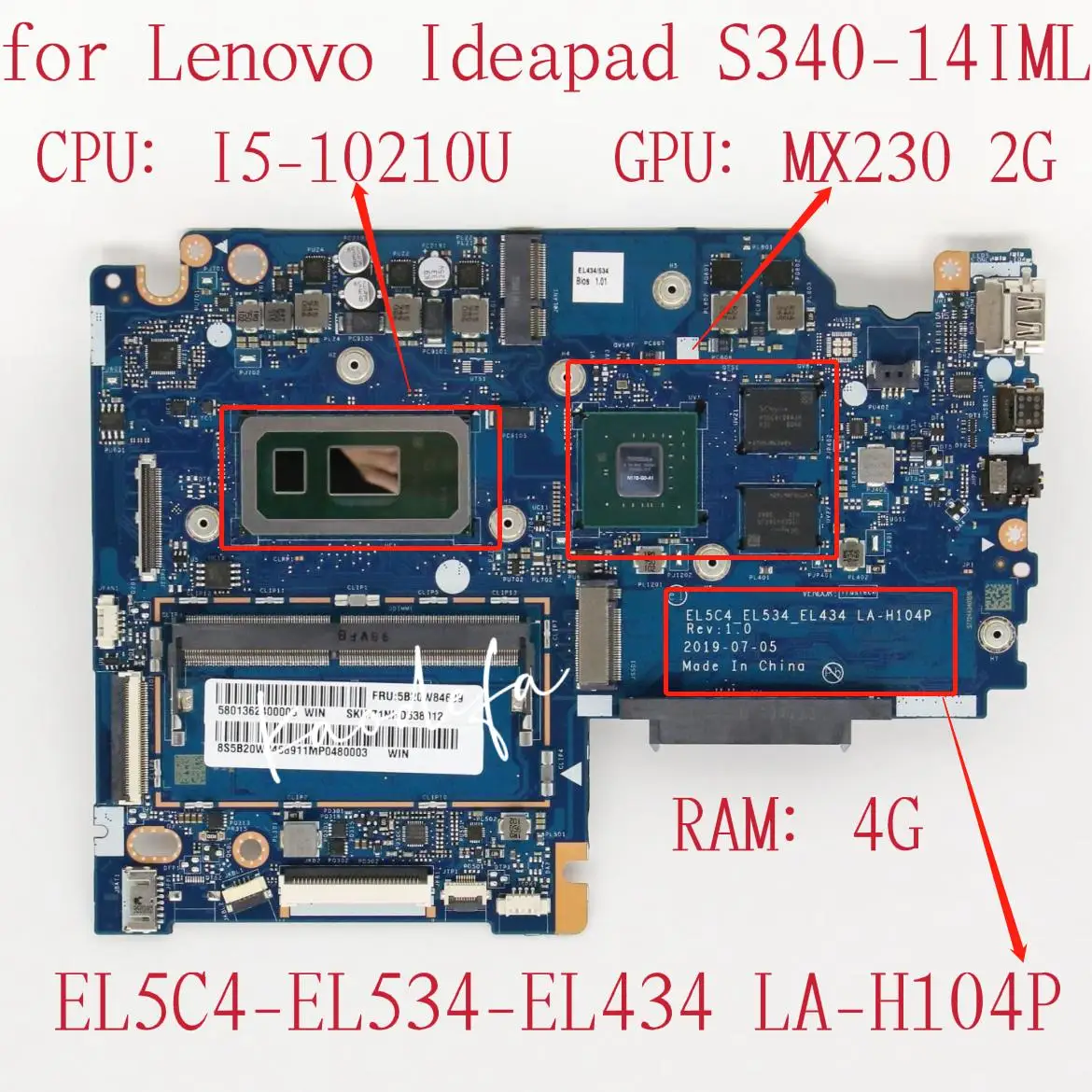 

Для Lenovo IdeaPad S340-14IML материнская плата для ноутбука CPU:I5-10210U GPU:MX230 2G RAM:4G LA-H104P FRU:5B20W84689 5B20W84691 5B20W84692