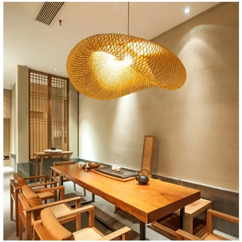 Japanese Creative Pendant Lights Handmade Bamboo Weaving Home Decor LED Lighting Fixture Living Room Kitchen Teahouse Restaurant