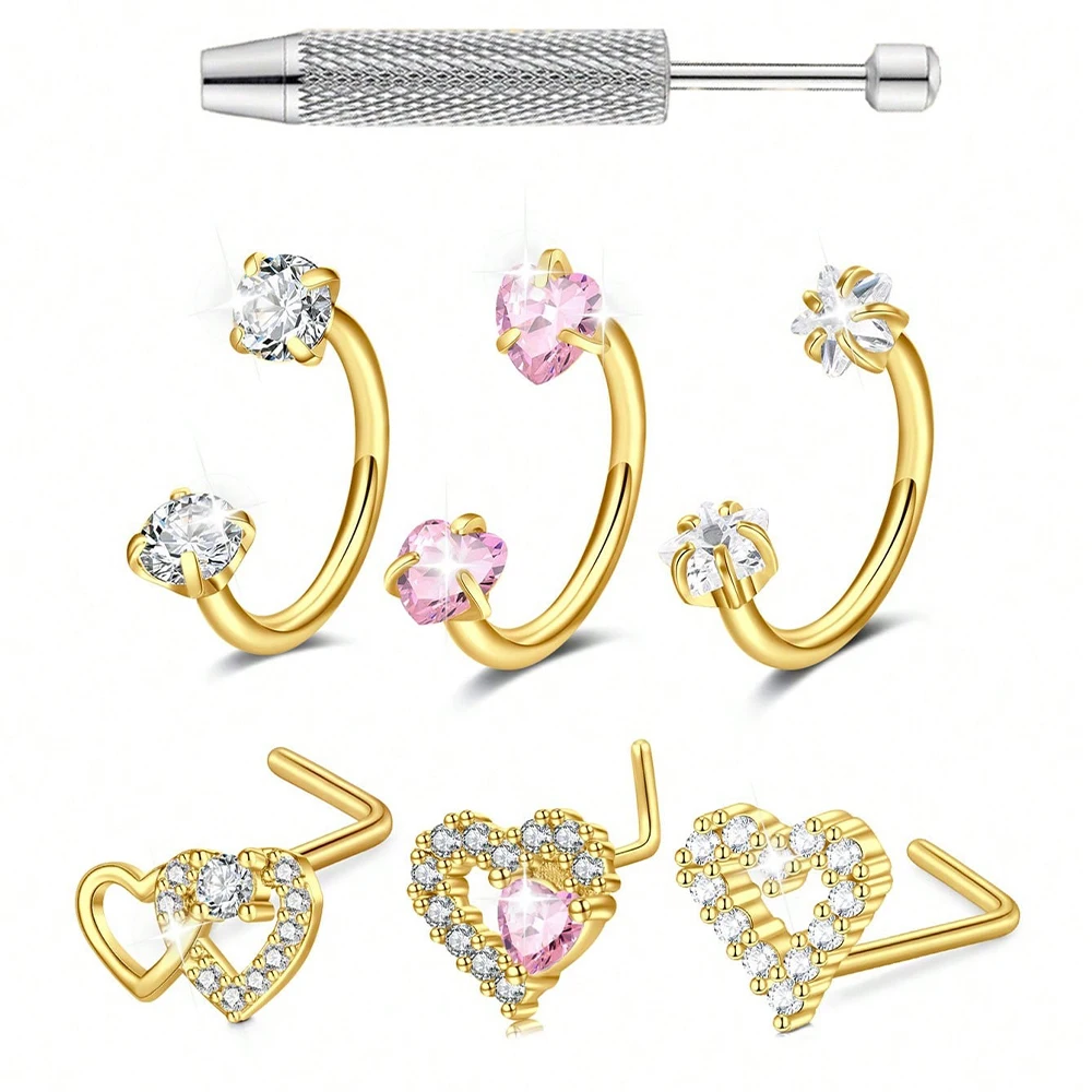 3pcs/Set Heart Horseshoe Nose Ring Nose Studs, Silver Gold Nose Ring, Stainless Steel Nose Piercing Jewelry For Women Man image 6