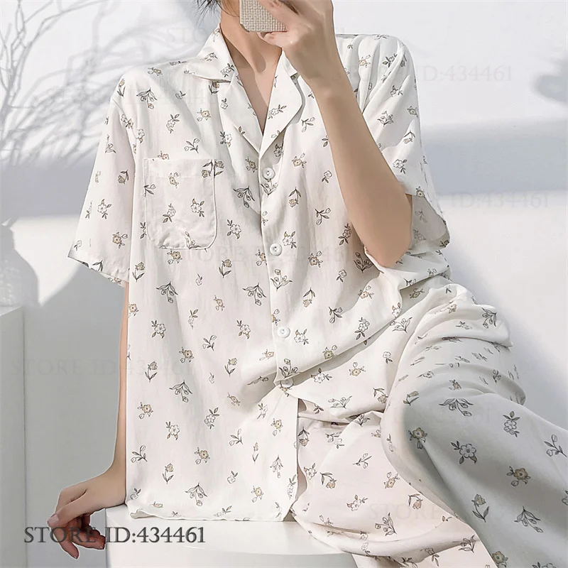 

Summer New Female Pajamas Matching Sets Print Cartoon Sleepwear Short Sleeve Trouser Pijamas Suit Loose Comfortable Homewear