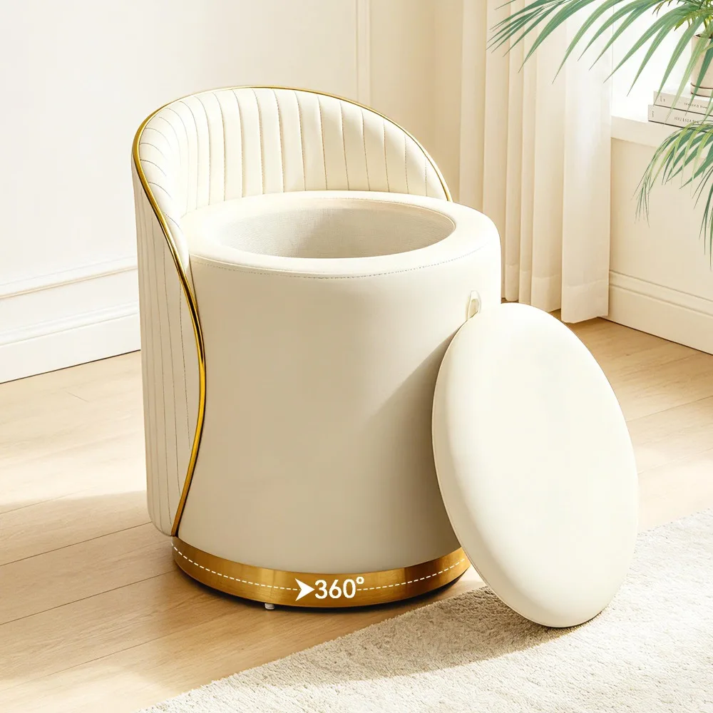 Vanity Chair with Storage, Leather Vanity Stool, 360° Swivel Makeup Chair with Back, No Assembly Upholstered Accent