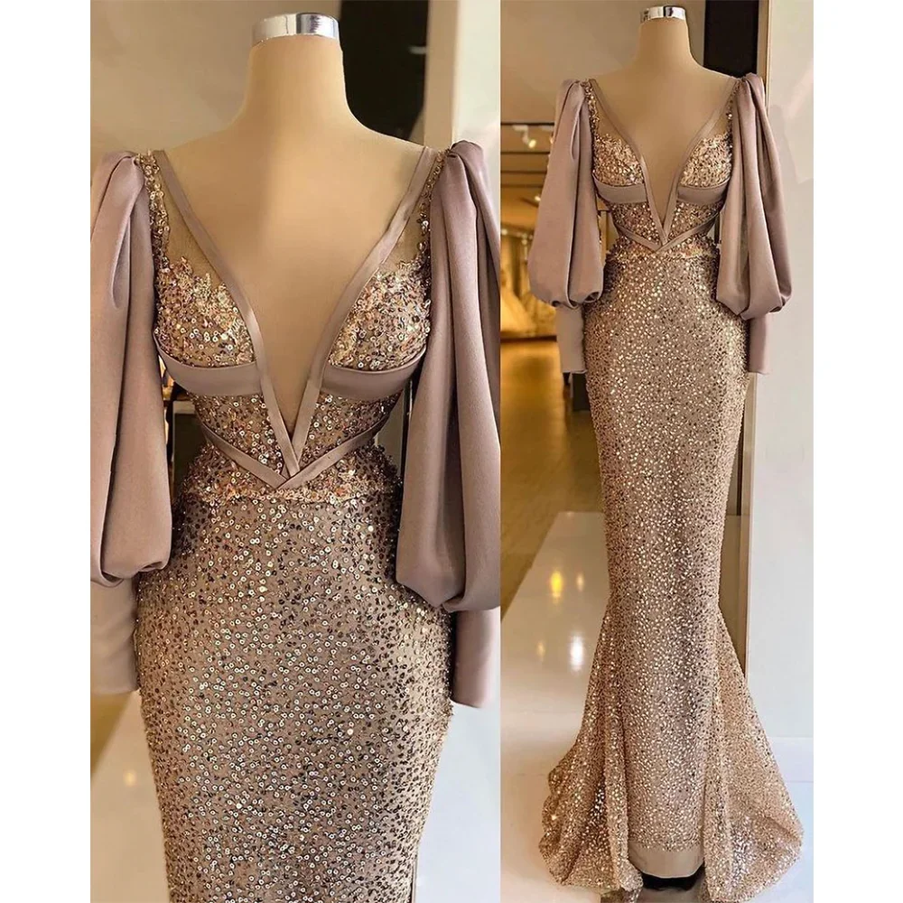 

Elegant V-Neck Puff Long Sleeves Sequined Evening Dress Gorgeous Floor Length Mermaid Gowns Luxury Formal Party Prom Dress 2023