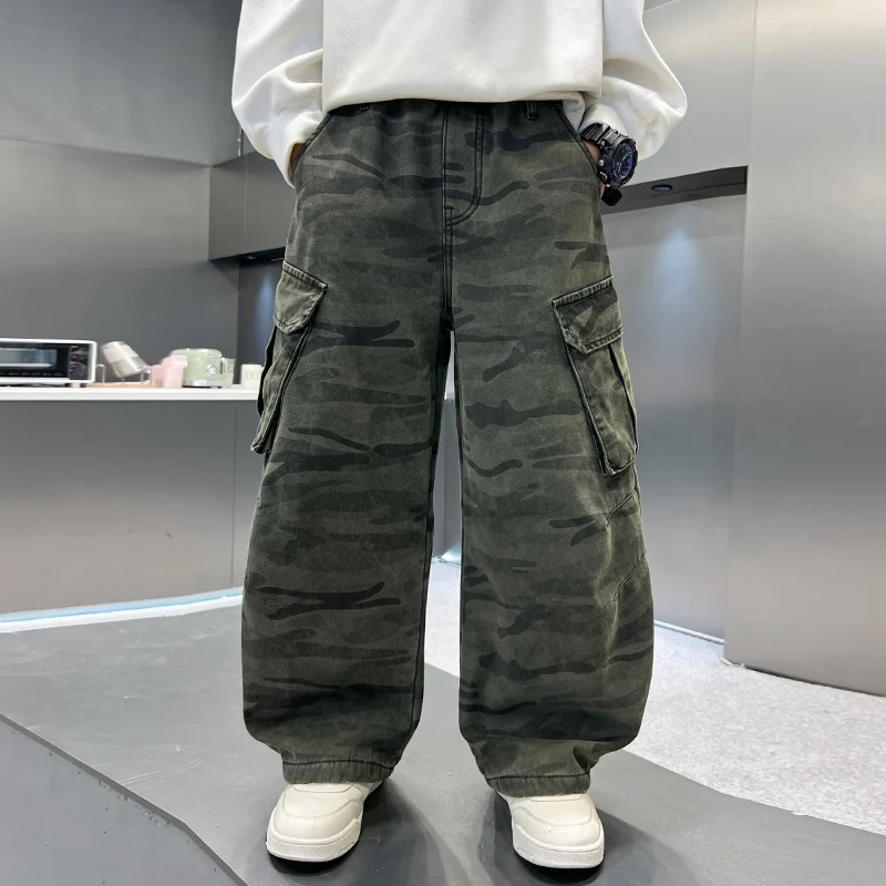 Boy Winter Warm Insulate Military Camouflage Cargo Pants Kids Loose Straight Thermal Trousers Child Fleece Lined Camo Trackpants