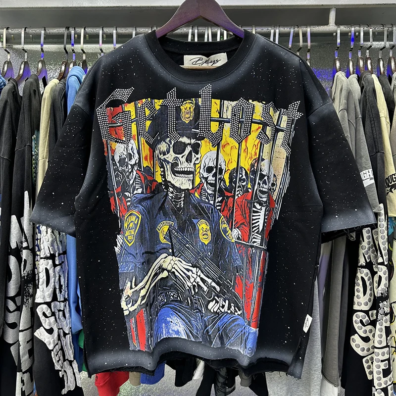 Stock Summer Men Women Skull Pattern Hot Diamond Print Woolen Hoop BKYS T-shirt High Street Fashion Casual Short Sleeve Tops