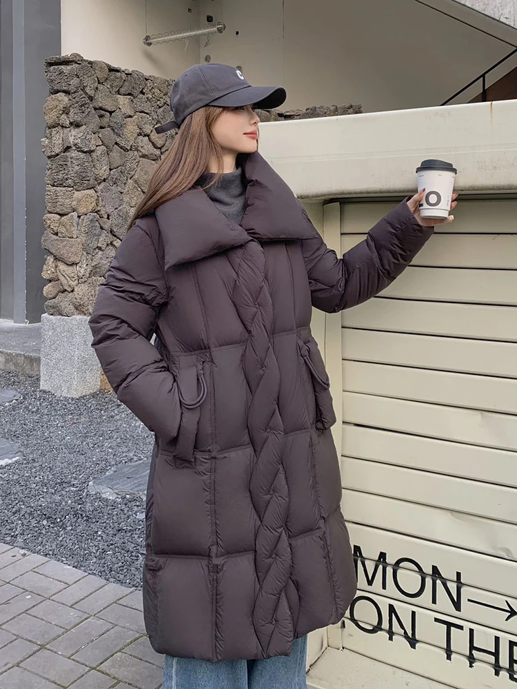 الشتاء طويلة كبيرة التلبيب نفخة أسفل سترة الإناث الدافئة رشاقته باركر أبلى المرأة الأبيض بطة أسفل فضفاضة الركبة طول أسفل سترة