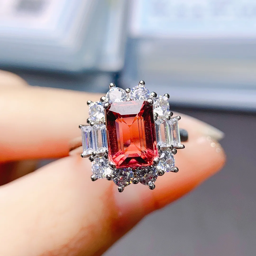 Natural Rubellite Ring 7*9mm Emerald Cut Stone S925 Silver Baguette & Round Zircon Halo Women Gem Jewelry