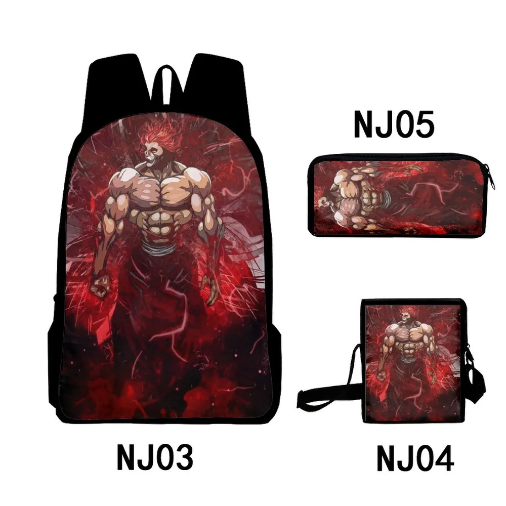 Yujiro Baki Hanma 3D Print mochilas escolares, mochila para laptop, bolsa de ombro inclinado, estojo de lápis, anime clássico, 3 peças por conjunto