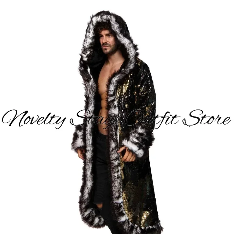 LED  Costume Men Sequins Long Coat Party Nightclub DJ Singer Winter Warm Jacket Carnival Rave Outfit Light Up Tron Dance Wear