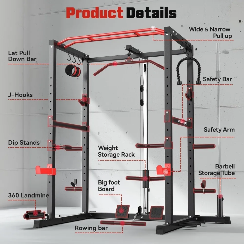 1600lbs Multi-Function Power Rack with Adjustable Cable Crossover System and More Training Attachment,