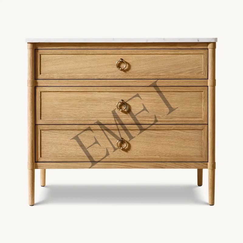 Modern Solid Wood Table 3 Drawers Bedroom Bedside Cabinet Storage Cabinet Marble Enclosed Bedside Cabinet