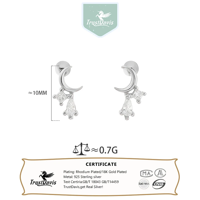 TrustDavis 925 Sterling Silver Moon Stud Earrings Minimalist Teardrop Zircon Screw Earrings Women Jewelry Daily Wear Gift DS5004