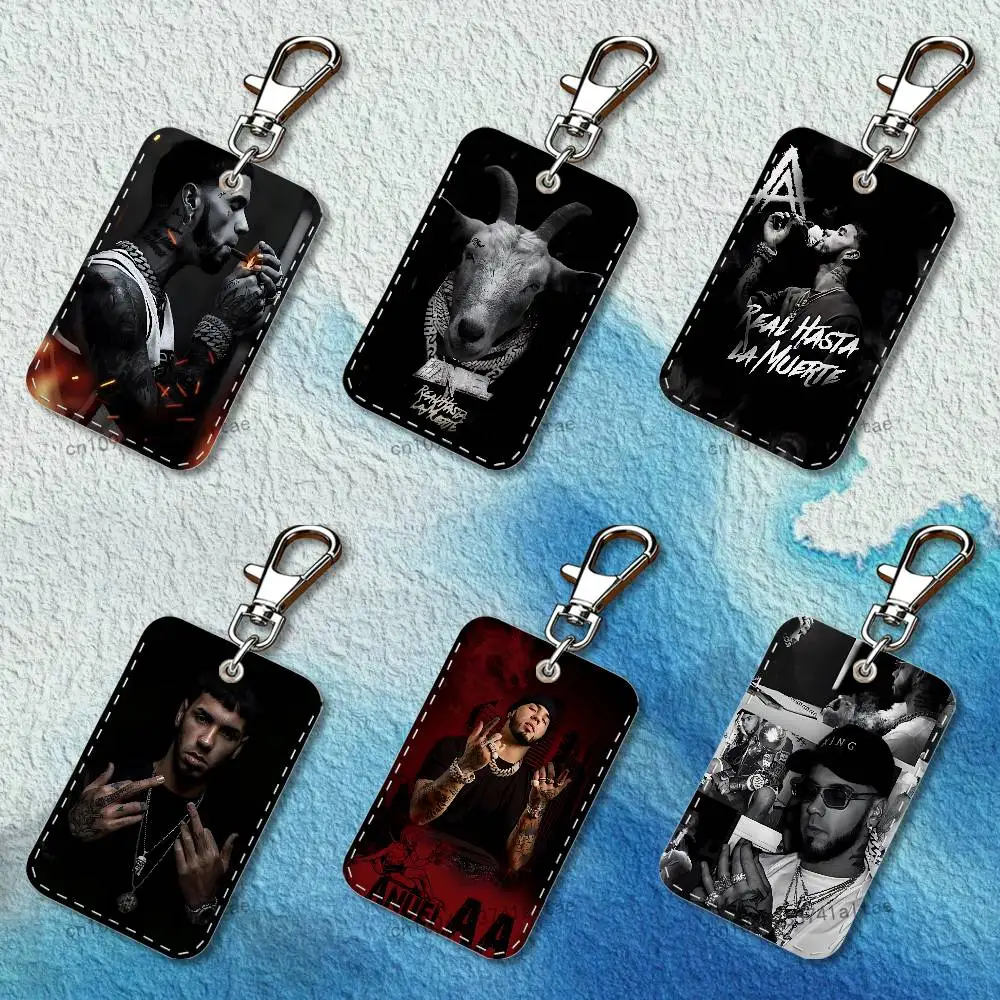 

A-Anuel A-AA Rapper Rectangle Card Case Keychain Access Card Bag Key Tag Ring Leather Card Holder Key Ring Access