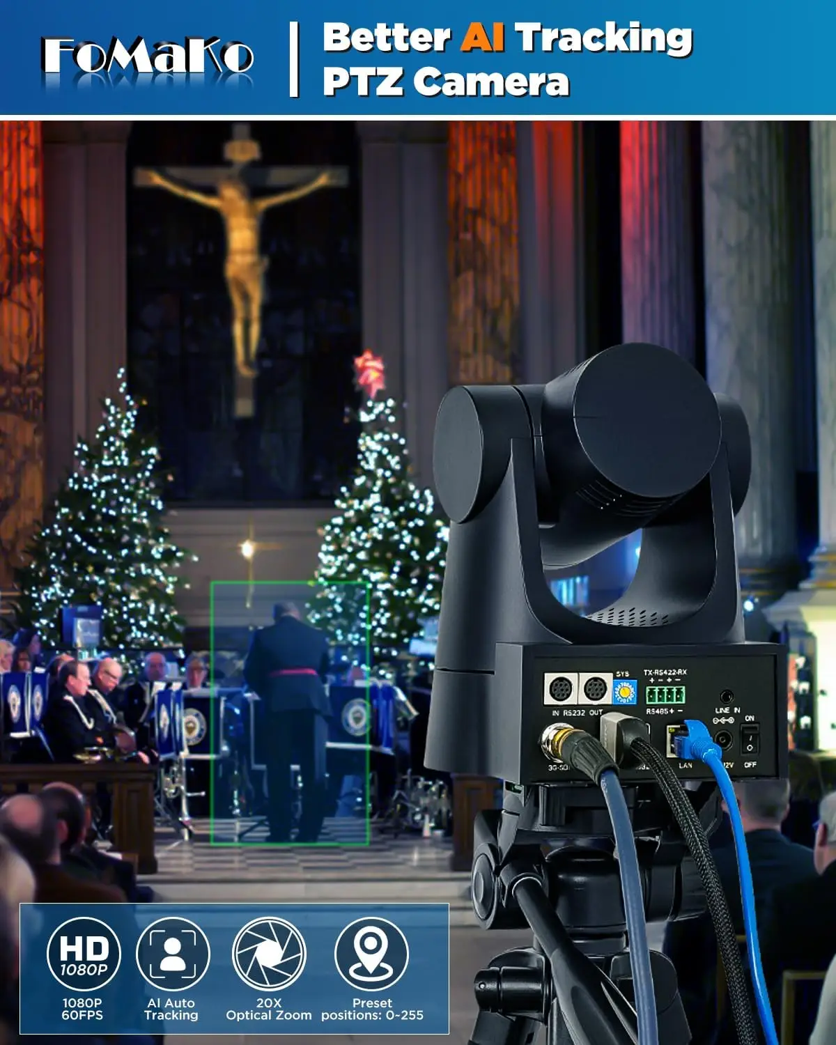 Cámara FoMaKo PTZ, Zoom óptico 30x AI Auto-Tracking Gen 3, paquete PoE HDMI PTZ para adoración de la iglesia, controlador de cámara PTZ, BH302