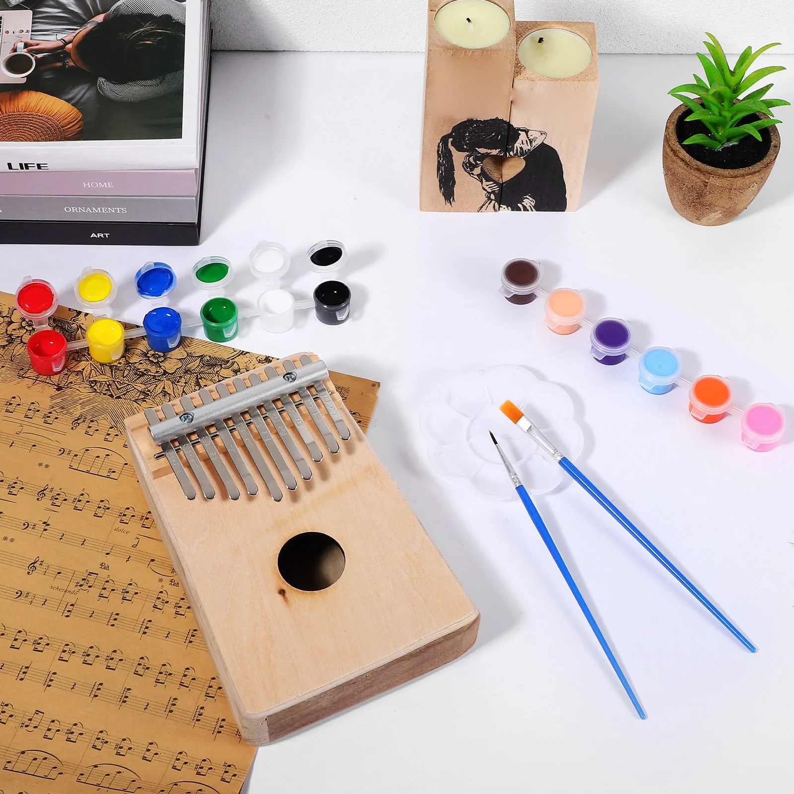 

Wooden Thumb Piano 10 Keys Kalimba Piano DIY Paint Set Portable Music Instrument for Kids Beginners Travel Camping