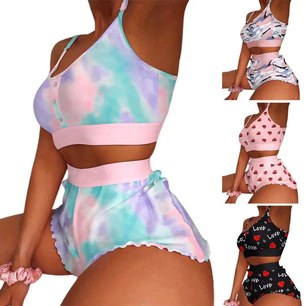 

2 Pieces Set Women's Pajama Shorts Suit Multiple Print Underwear Sexy Lingerie Camisoles Tanks Nighty Ladies Loungewear Homewear