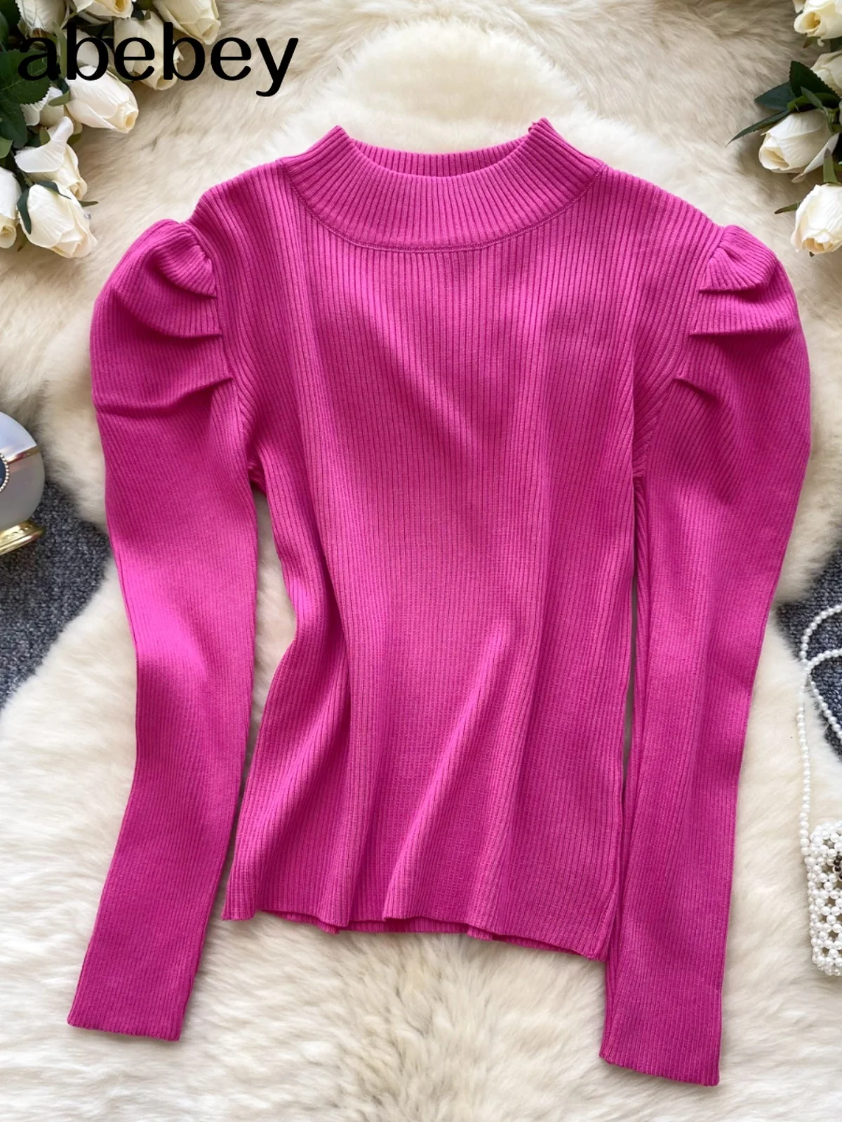 2025 New Autumn Winter Women Simplicity Half High Collar Long Sleeve Sweaters Folds Shoulder Solid Multi Color Pullovers Tops