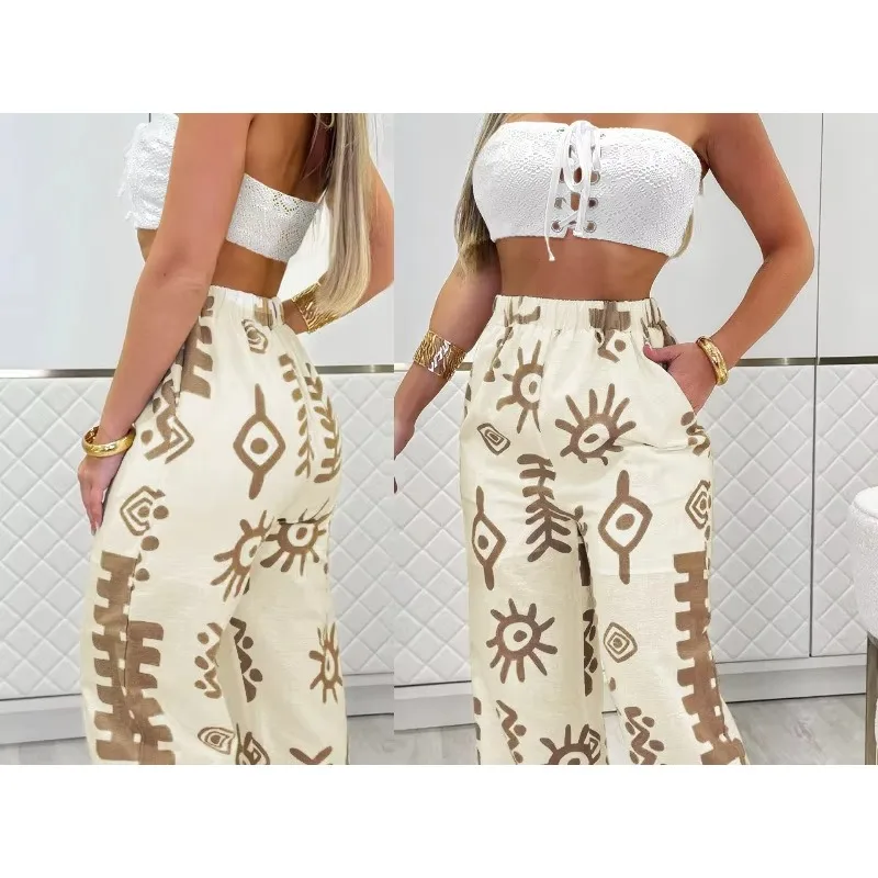 

Summer 2 Pieces Bandeau Sleeveless Lace Up Top and Abstract Print Strechy Waist Pocket Design Pants Set